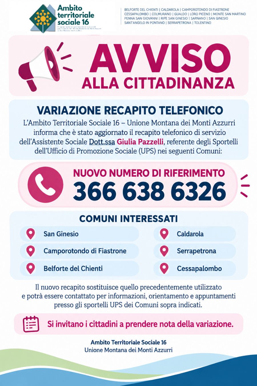 AVVISO ALLA CITTADINANZA – NUOVO RECAPITO TELEFONICO SPORTELLI UPS